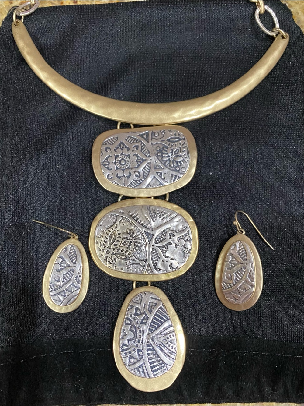 Gold-Tone and Silver-Tone Etched Pendant Necklace with Matching Earrings